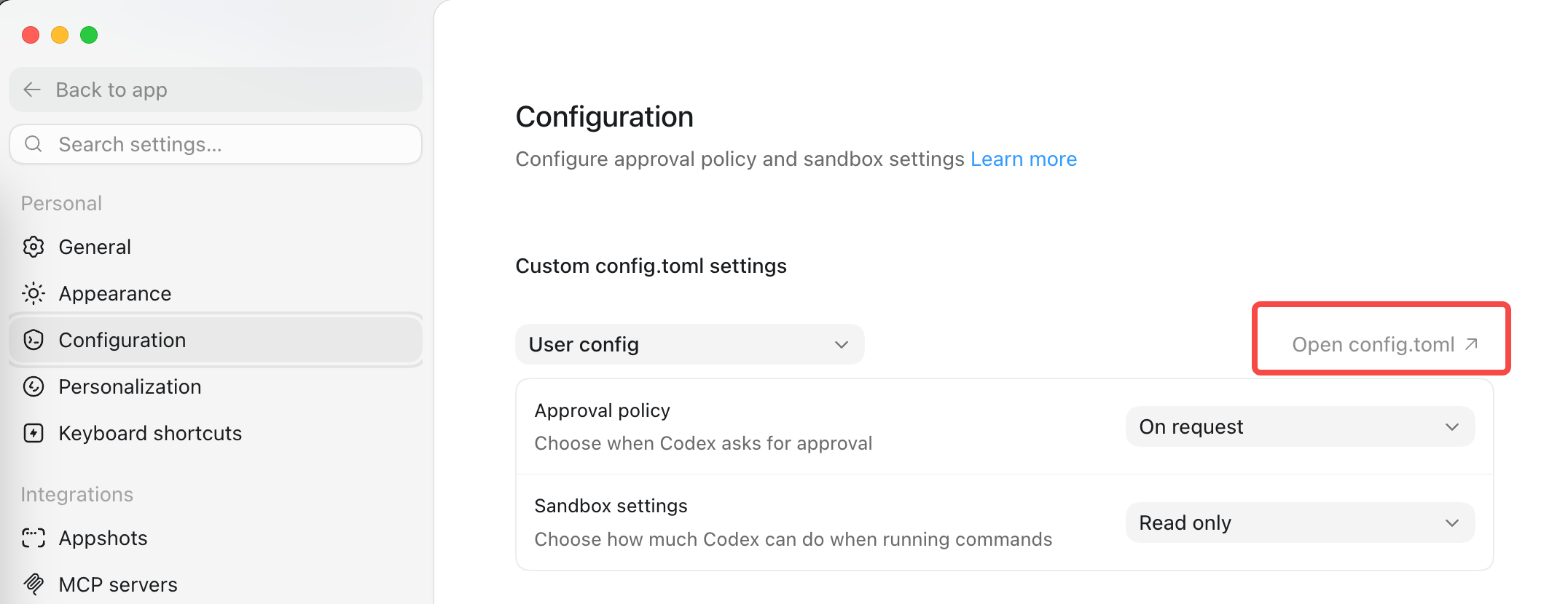 Codex 桌面端打开用户 config.toml 的入口示意